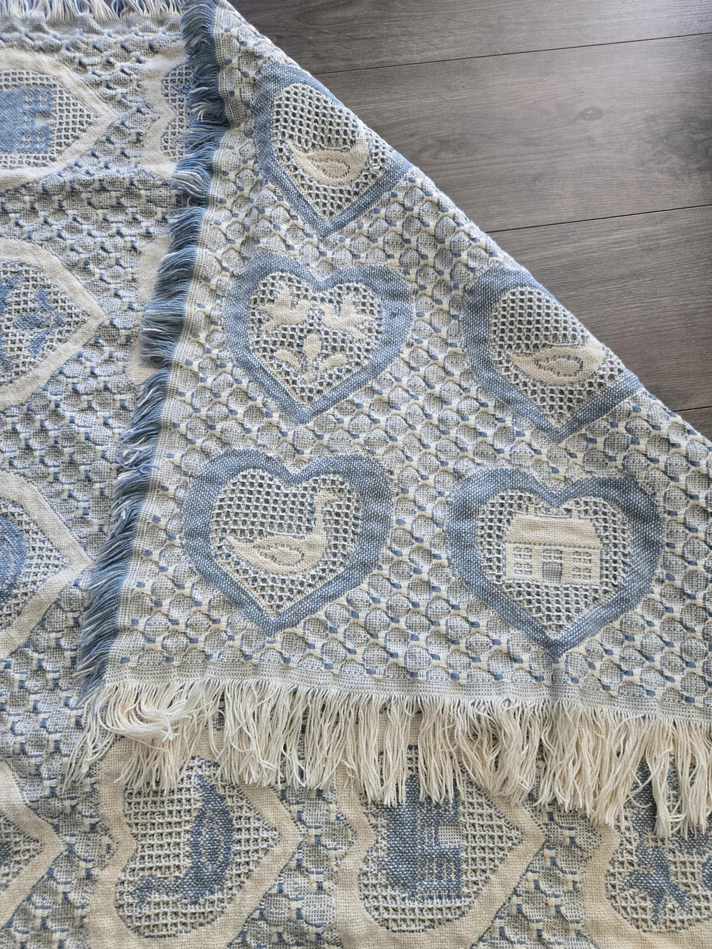 Cottage Core Blue & Cream Reversible Cotton Throw Afghan Blanket Ducks Doves